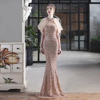 Zarif uzun elbise Kadınlar için Akşam Parti Doğum Günü Düğün Parti Peri balo kıyafetleri 2022 Halter Boyun Pullu Boncuk Kadın Abiye