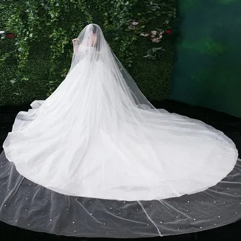 Zarif ve lüks Overlength Elbise fotoğraf aksesuarları düğün duvağı gelin Manuel boncuk çivileme Sahte İnci Dekor Gelin Peçe