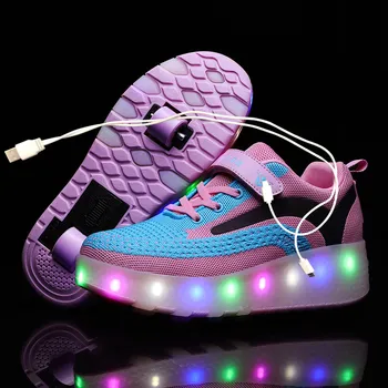 Çocuk Bir İki Tekerlekler İşıltılı Parlayan Sneakers Altın Pembe Led ışık Paten Ayakkabı Çocuklar Led Ayakkabı Erkek Kız USB Şarj