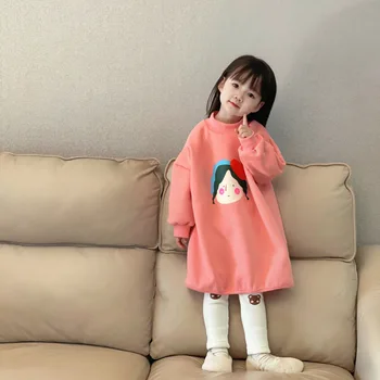 Çocuk Giyim İlkbahar Sonbahar Yeni Moda Kore Tarzı Uzun Basit Karikatür Tatlı Rahat Güzel kapüşonlu elbise Bebek Kızlar için