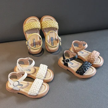 Çocuk Kız Sandalet 2022 Yeni Yaz Küçük Prenses Çocuk Moda Katı Sevimli Basit Japonya Tarzı Örgü Çok Yönlü plaj ayakkabısı PU