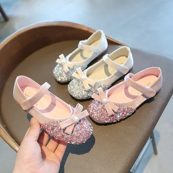 Çocuk Rhinestone Sequins Prenses Ayakkabı Yumuşak Alt PU Bebek Kız Ayakkabı Performans Sonbahar Rahat kaymaz Düz Boyutu 21-30