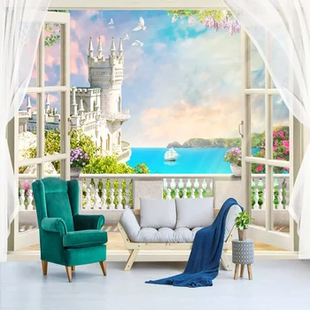 Özel Duvar Kağıdı 3D Stereo Avrupa Pencere Balkon Deniz Fotoğraf Fresk Oturma Odası TV Kanepe Ev Dekor duvar bezi