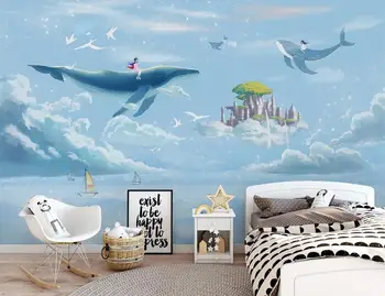 Özel Fotoğraf Duvar Kağıdı 3D El boyalı suluboya yaratıcı gökyüzü balina çocuk odası Yatak Odası TV Arka Plan Duvar Resimleri Duvar Kağıdı