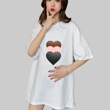 Üç Kalpler Aşk Karikatür Moda Baskılı Hamile T Shirt Kız Analık Kısa Kollu Gebelik Gömlek Anne Giyim Kadın