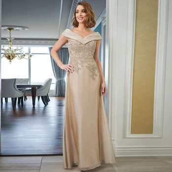 Şampanya Anne Gelin Elbiseler V Boyun Kat Uzunlukta Dantel Aplikler Düğün Törenlerinde Vestidos Para Bodas Mujer Invitada