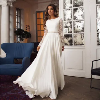 Şifon düğün elbisesi A-line Sivil Vintage Beyaz Seksi Yüksek Bölünmüş Etek Jewel Boyun Şifon Boho Gelin Elbise Plaj Gelinlikler