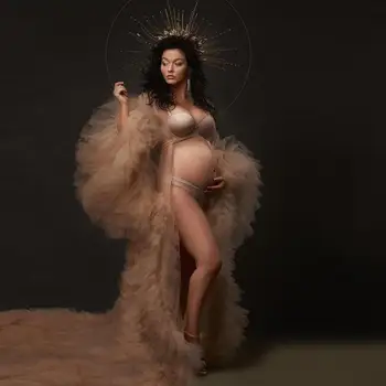 Şık Şampanya See Through Ruffles Abiye Hamile Elbisesi Fotoğraf Tam Kollu Uzun Örgü Tül Kadın Elbise Bebek Duş