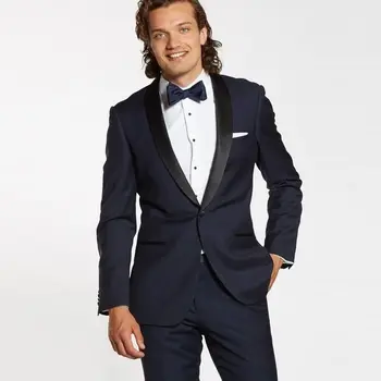 Yeni Moda Bir Düğme Lacivert Damat Smokin Groomsmen Şal Yaka Erkek Takım Elbise Blazers (Ceket + Pantolon + Kravat) W: 835